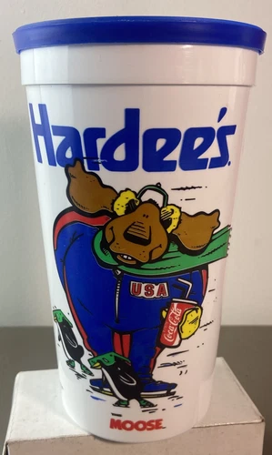 Vintage HARDEES Coca-Cola The MOOSE Plastic Cup (Skating, Snowmobiling) w/lid.