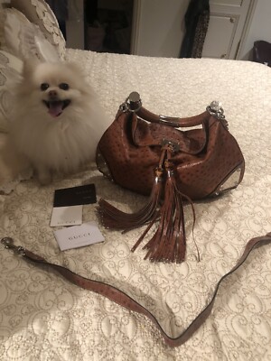Gucci Womens Indy Shoulder Handbag Brown Ostrich Bamboo Tassel