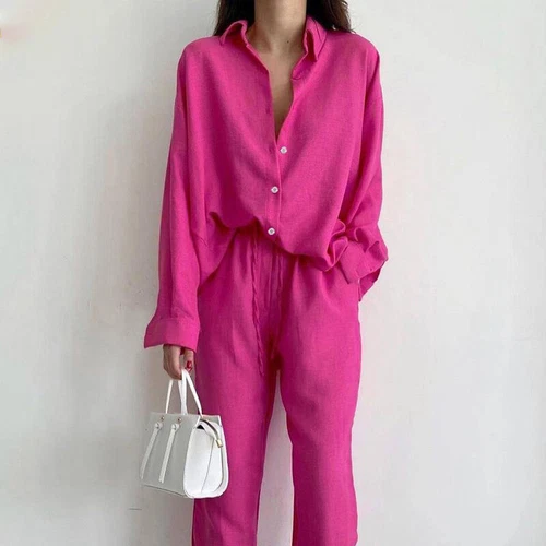 Damen Baggy Arbeit Reversausschnitt Damen 2 Stück Outfits Langarm Lounge Sets - Bild 6 von 35