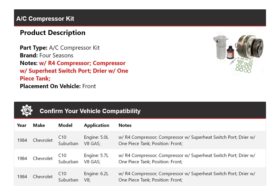 Kit de compresor de aire acondicionado delantero 4 estaciones Chevrolet C10 Suburban 1984 Foto 2 de 4