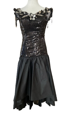 vtg Black Silver Cocktail Prom Dress Beaded Fringe Sequin sz S 5/6 Mermaid  Hi Lo | eBay