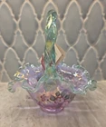 Fenton Rose Magnolia Iridized Basket W/Sea Green Crest Signed Bill Fenton Ltd Ed