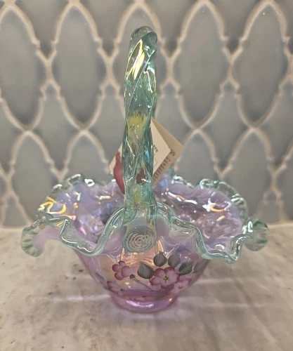 Fenton Rose Magnolia Iridized Basket W/Sea Green Crest Signed Bill Fenton Ltd Ed