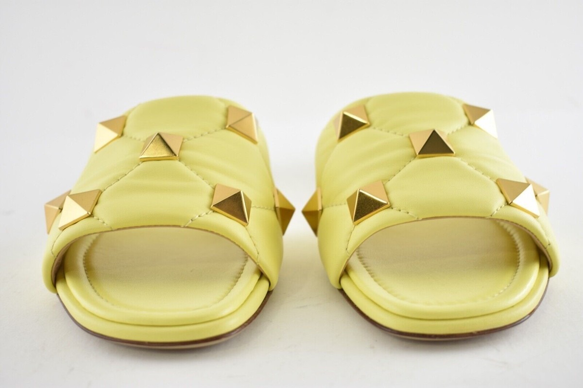 Valentino Rockstud Roman Stud Lime Yellow Leather Quilted Slide
