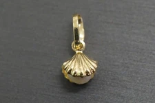14K Solid Yellow Gold 3D Tiny Shell With 5MM Pearl 0.5" Charm Pendant.