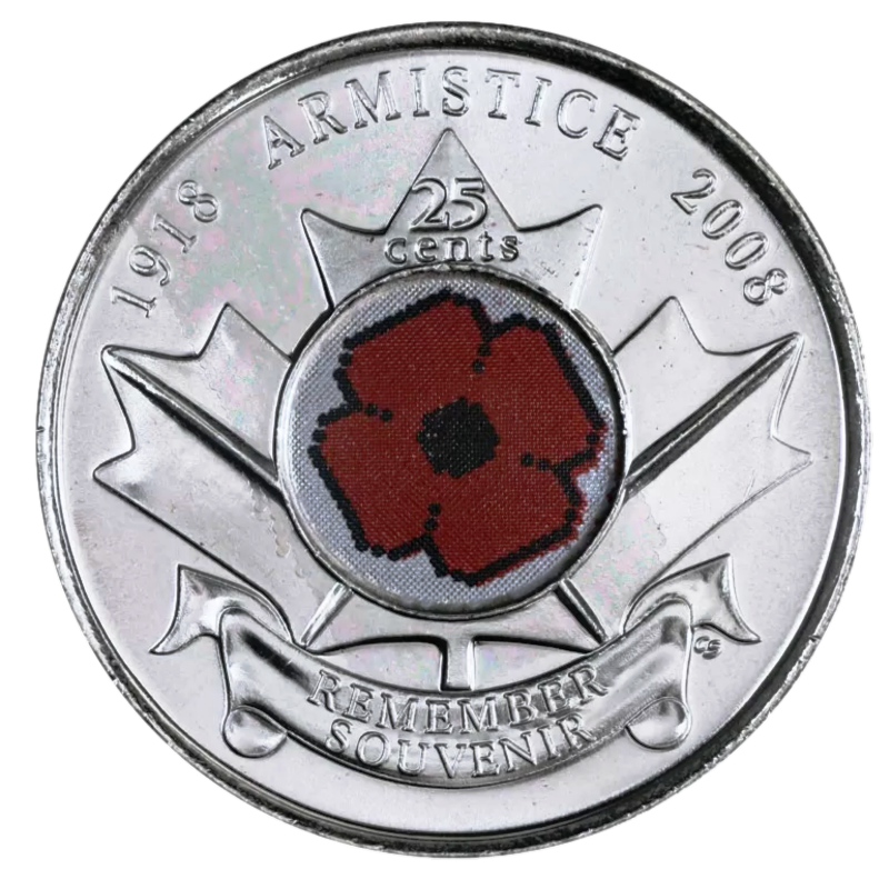 🇨🇦 Rare Canada 25 cents Quarter Coin, Colored Armistice 90th