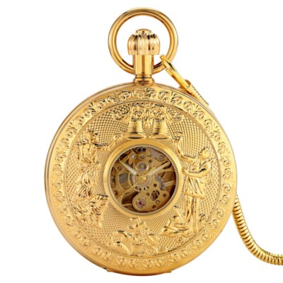 Luxury Pure Copper Automatic Pocket Watch Full Gold Self-Winding Pendant Chain