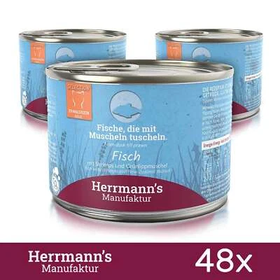 HERRMANN´S MANUFAKTUR 48 x Herrmanns Katzenfutter Fisch mit Grünlippmuschelpulver 200Gr MHD ABGELAUFEN