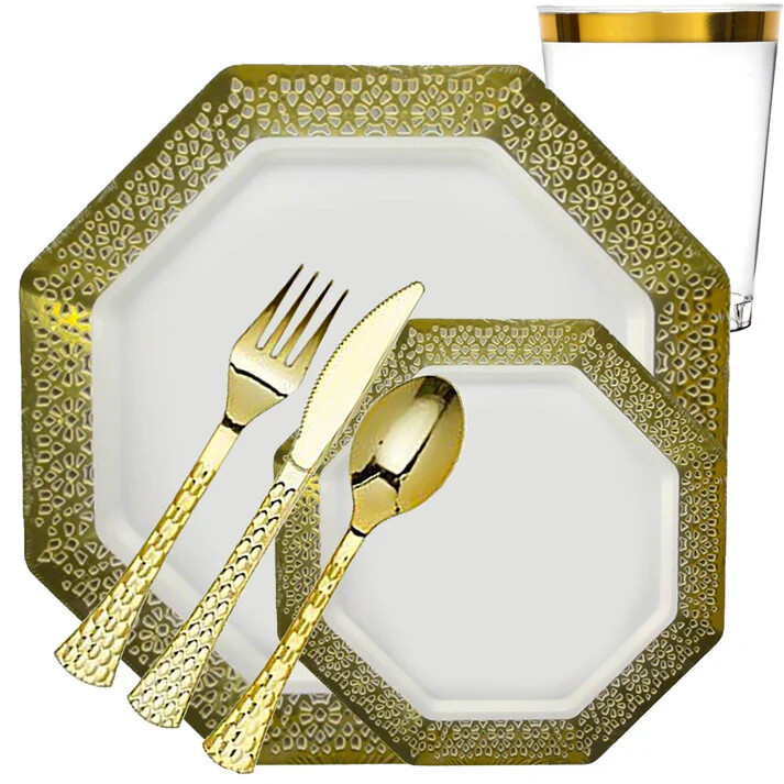 LACETAGON COLLECTION Disposable Gold Plastic Tableware Set W