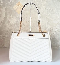 Michael Kors Whitney Medium Shoulder Chain Tote Bag Quilted Stripe Light Cream