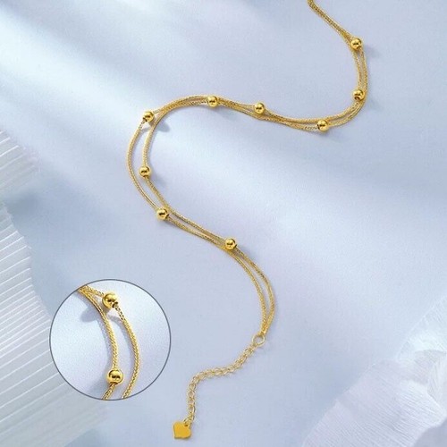 Solid 18k Gold Double Layer Chain Bracelet 2.5mm Bead Heart Charm Jewelry - Picture 6 of 11
