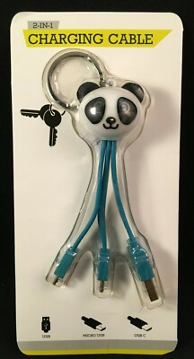 2-in-1 Charging Cable - USB/Micro USB/USB C - Teal Panda Keychain
