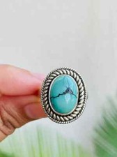 Blue Turquoise Gemstone Boho Ring 925 Sterling Silver Women's Ring Gift For Wife
