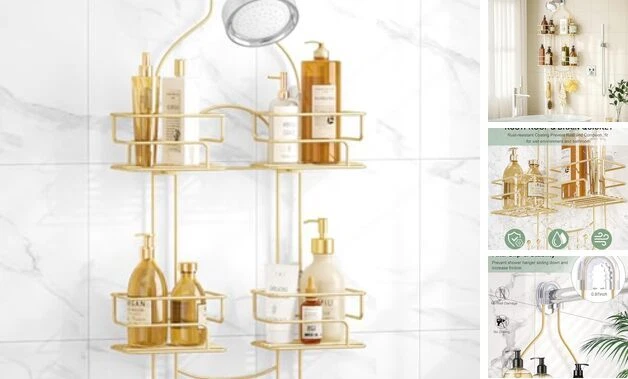 Shower Caddy Hanging, Bathroom Shower Organizer, No Drilling Shower Gold