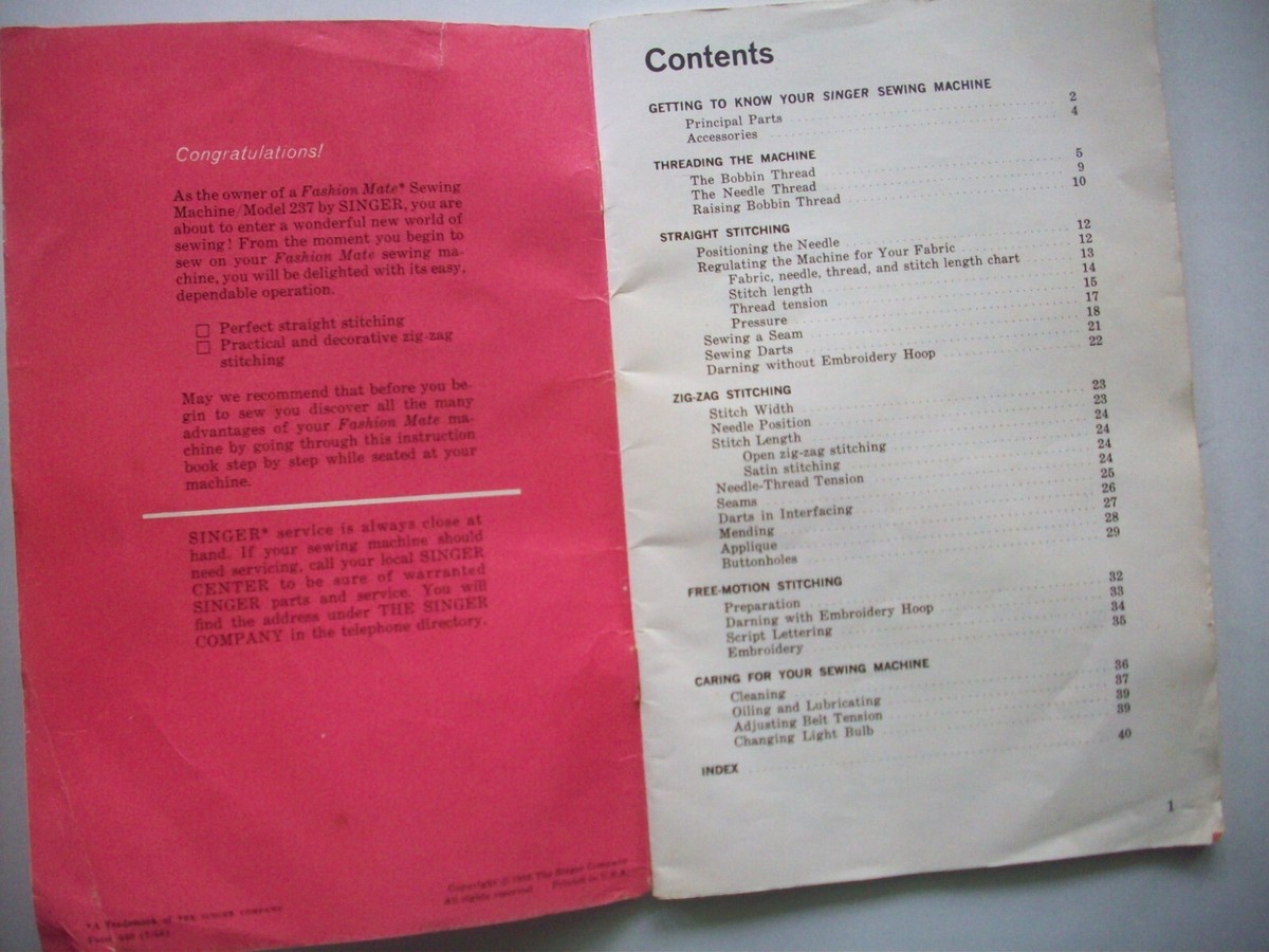 1968 Singer Fashion Mate Zig-Zag Sewing Machine Instruction Manual
