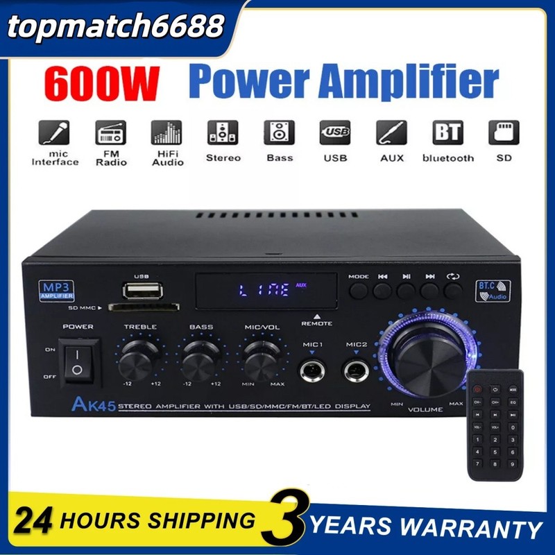600W Bluetooth Stereo Audio Amplifier Car Home HiFi Music USB FM AMP 12V/240V UK