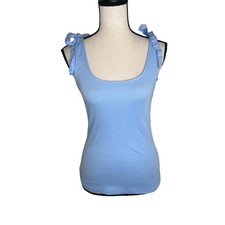 A New Day Blue Ribbed Sleeveless Tank Top Women's Size Medium Stretch Bow Straps