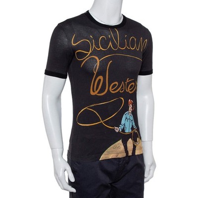 Dolce Gabbana Black Sicilian Western Printed Cotton Crewneck