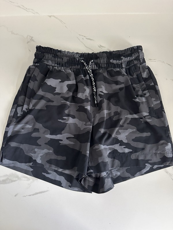 Athleta Girl Camouflage Activewear Shorts L 12 Black Gray Adjustable Waist