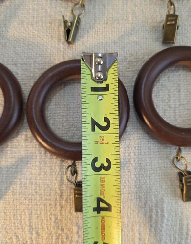 VTG Curtain Rings Brown Solid Wood Set Of 25 Round 2.5" Diameter Brass Clips - Picture 8 of 10
