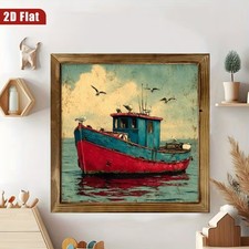 Vintage Red Blue Fishing Boat Seagull Coastal Wooden Sign Distressed Beach Decor