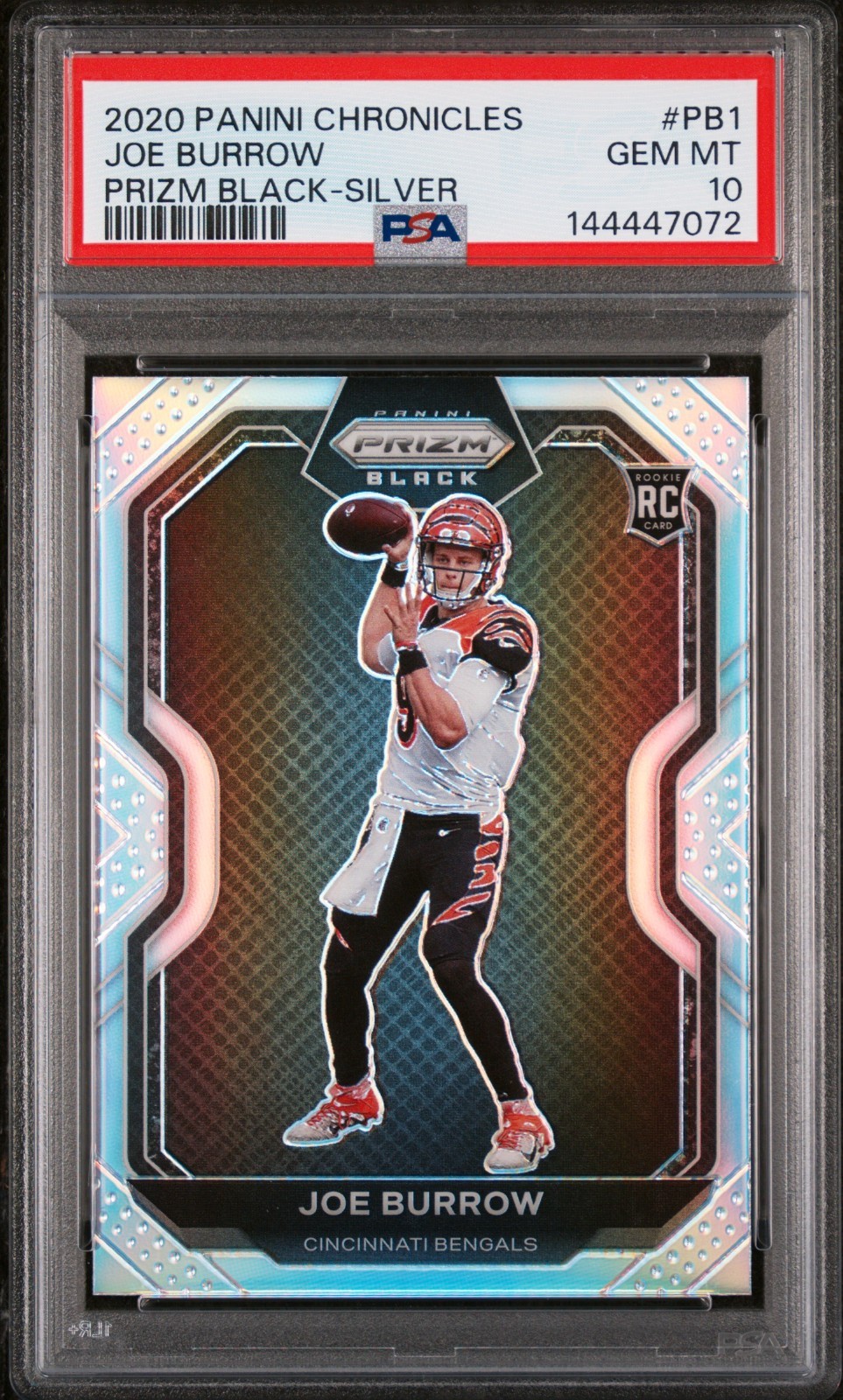 JOE BURROW PRIZM BLACK 2020 CHRON SILVER ROOKIE RC #PB1 PSA 10 GEM MINT BENGALS view 1