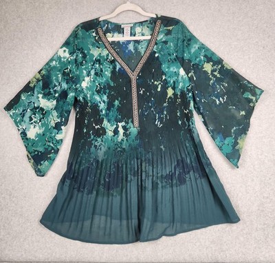 Catherines Tunic Top Womens Large Pleated Beaded Boho Flowy Fairy 