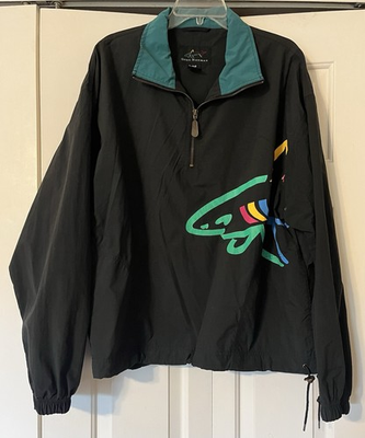 #ad VINTAGE Greg Norman Black Windbreaker Big Shark Logo Jacket Men#x27;s SZ L $41.65