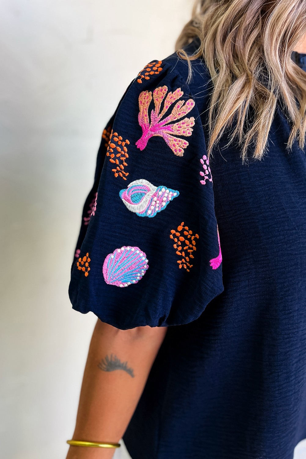 Blue Blouse M Shellfish Coral Embroidery Puff Sleeve Frill Neck Top UK 10 image 5