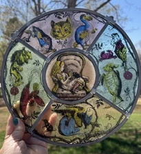 Alice In Wonderland Stained Glass Pewter Frame Glass Art RARE Looking Glass Vntg
