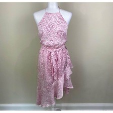 Express Pink Dot High Neck Halter Ruffle Asymmetrical Dress Waist Tie Size Small