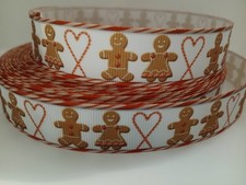 Grosgrain Ribbon Mr. Mrs. Gingerbread Man Candy Cane Hearts Christmas, 7/8"