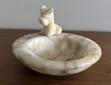 Vintage Hand Carved Alabaster Italian Made Ashtray or Trinket Dish Dog figurine 