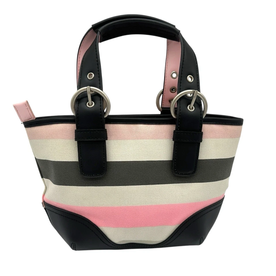 ROXY Striped Hangbag Purse Black Faux Leather Trim Pink/White - Image 3 of 4