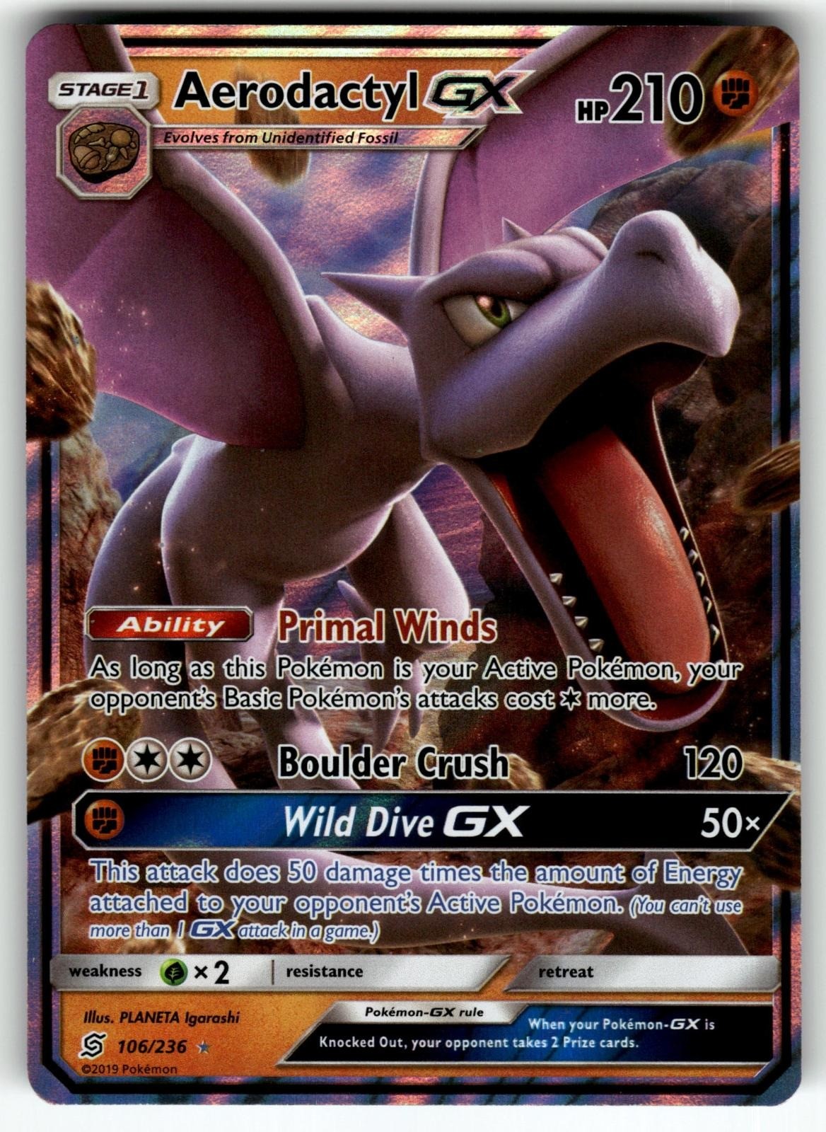 Aerodactyl GX 106/236 Holo GX Rare Unified Minds Pokemon Near Mint
