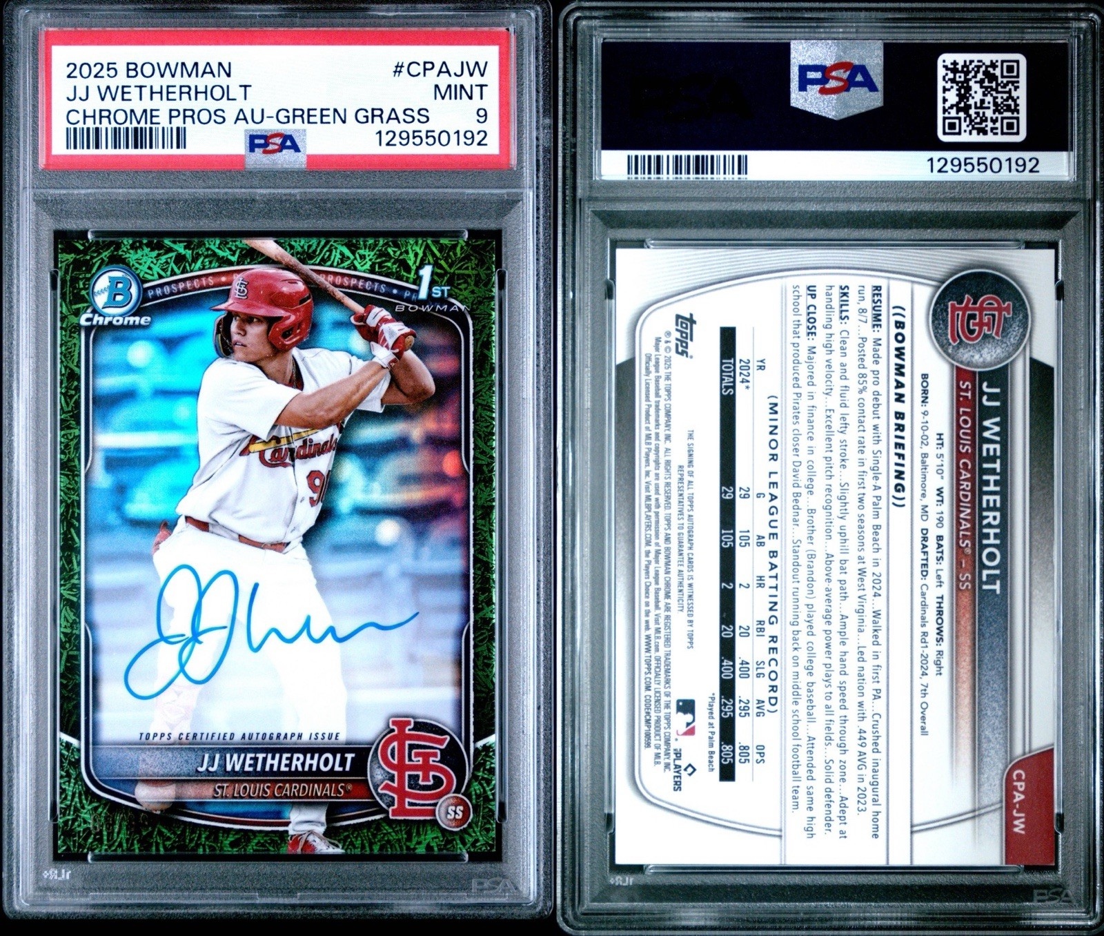 2025 Bowman Chrome Prospect Auto JJ Wetherholt #CPA-JW Green Grass Refractor /99