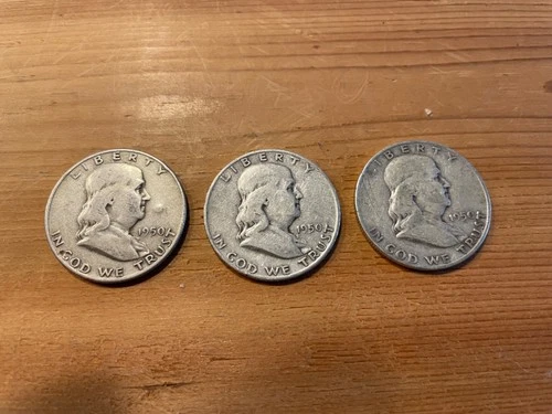 3 - 1950D Franklin Halves, 90% Silver, Circulated, No Reserve, low starting bid