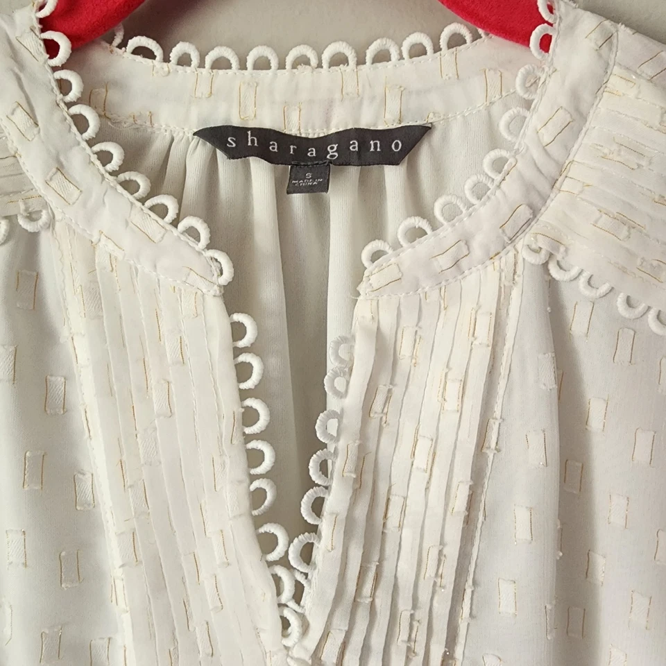 Sharagano Classic Office Wear Clip-Dot Blouse V-neck Sheer White Small  - Image 3 of 4