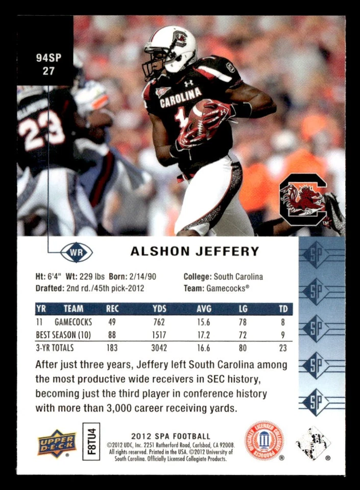 Alshon Jeffery 2012 SP Authentic Card #94SP27 South Carolina Gamecocks - Image 2 of 2