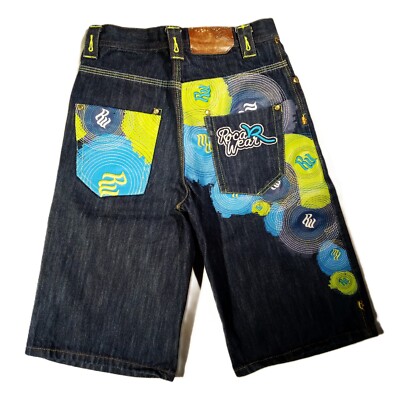 ROCA WEAR Shorts  Boys 12  Denim  Neon Green Stitch  Baggy  Long  Pocket detail