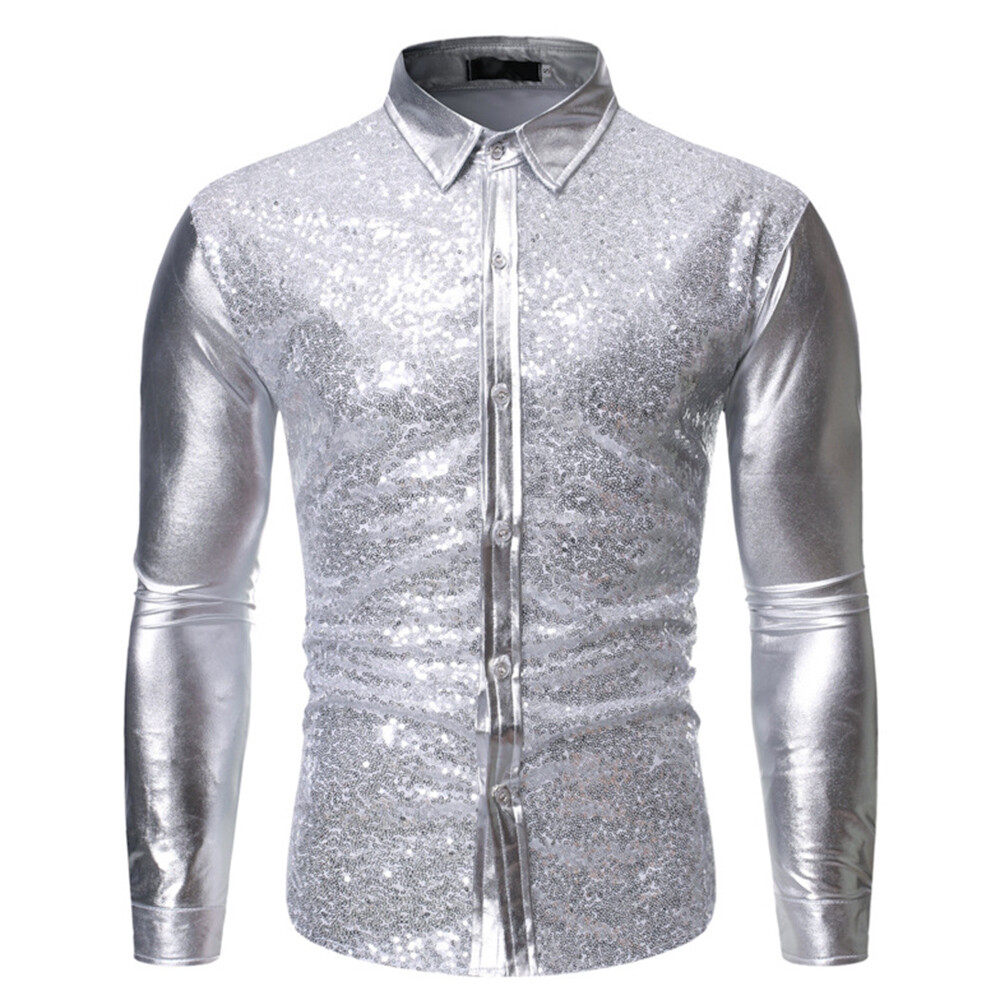 Mens Sequin Metallic Shiny Long Sleeve Shirt Top Blouse Dance Show Slim ...