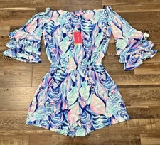 NWT Lilly Pulitzer Sz XS Calla Off Shoulder Romper Twilight Blue Style # 30097
