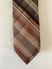 Wemlon by Wembley Men's Necktie Tie Polyester Brown Tan White Plaid Slim