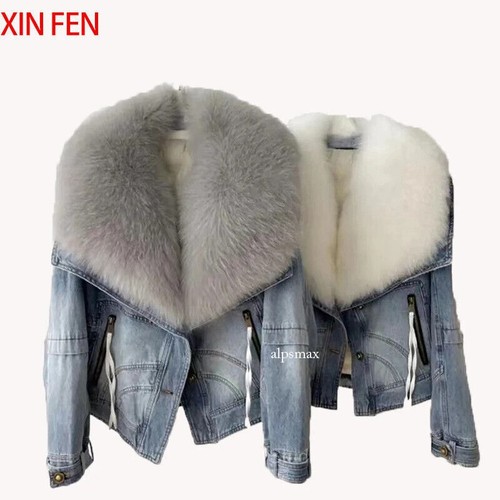 Winter Women Luxury Natural Fox Fur Big Collar Goose Down Denim Down ...