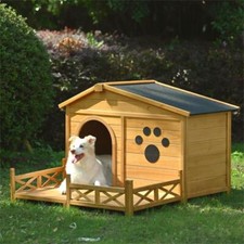 Rustic Dog House w/ Porch - Waterproof Asphalt Roof  Decorative Paw Prints