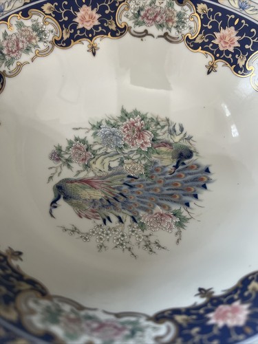 Vtg TOYO JAPAN Large 8’ Round CENTERPIECE Peacock BOWL Blue Gold Asian - Picture 18 of 24