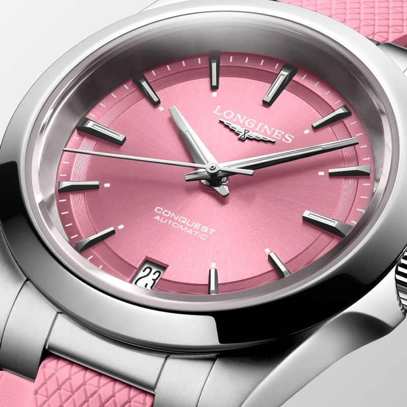 New Longines Conquest 34mm Pink Dial Rubber Women's Watch