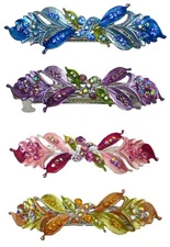 Set of 4 JCGY Mid Size Flower & Leaves Crystal French Clip Barrette  Y86800-3-4