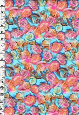 Tropical - Fabulous Flamingos-Colorful Seashells-120-8943-Aqua-Blue-By Half Yard