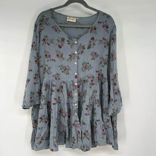 Paper Lace Tunic Top Womens 1X Blue Floral Floral Tiered Button Front